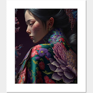 Geisha in floral kimono Posters and Art